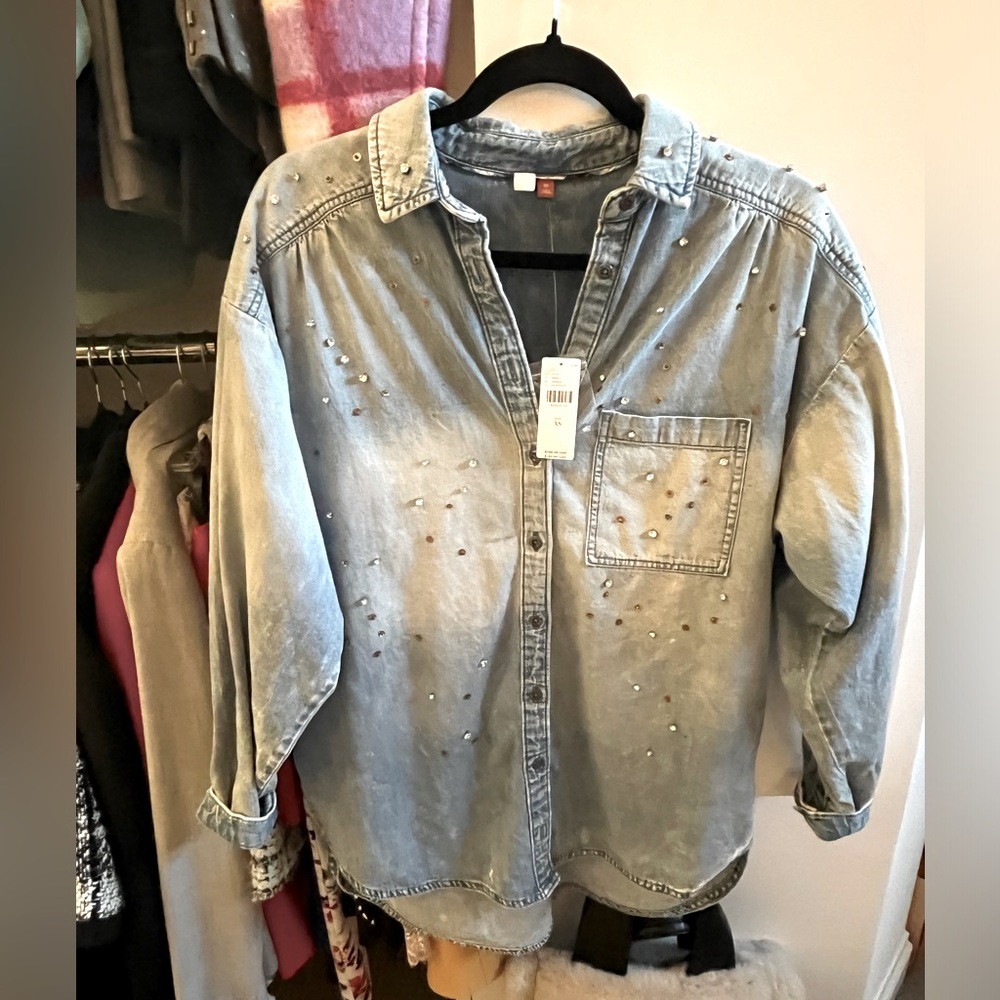 Anthropology denim sequin crystal embellish long sleeve dress/shirt- xsmall-NWT
